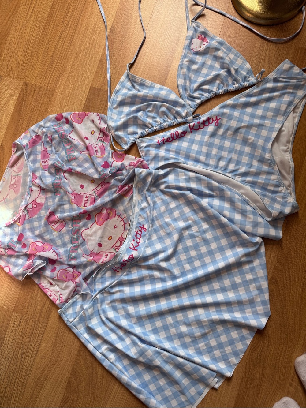 Hello Kitty Blue and Pink Gingham Bikini, Skirt and Graphic Tee Set